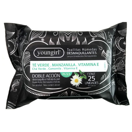Imagen de Toallitas Desmaquillantes Youngirl x 25 Té Verde+Manzanilla+Vitamina E